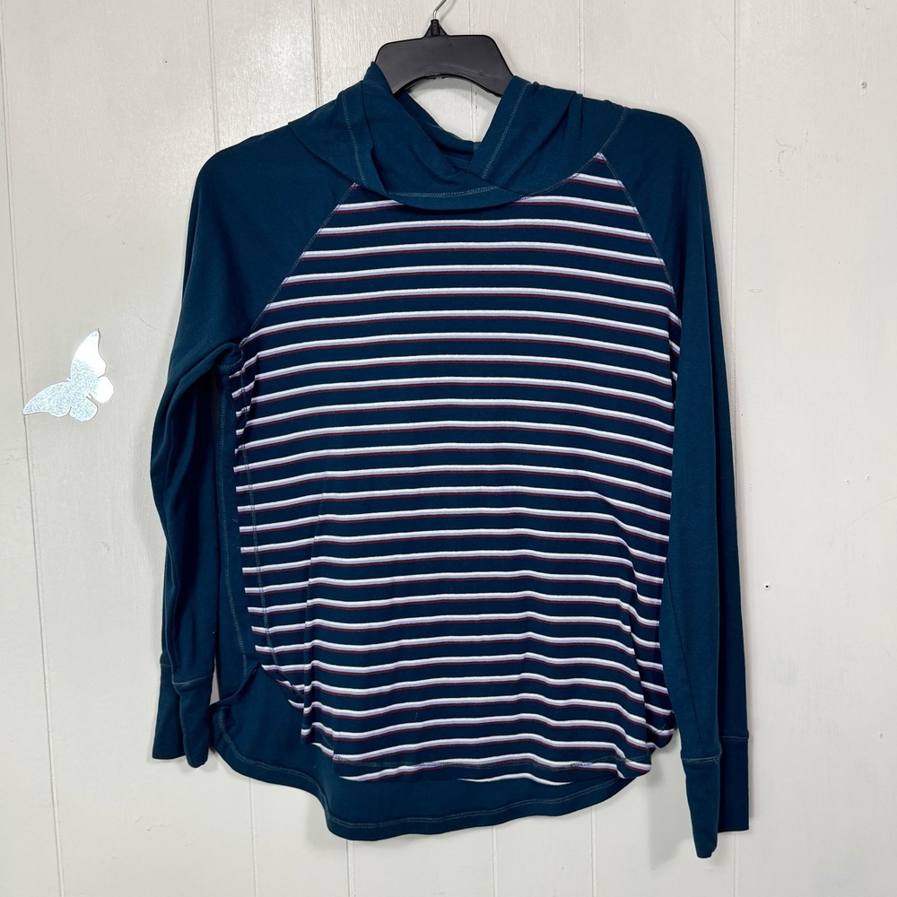 Eddie Bauer Womens 2XL Striped Long Sleeve Teal Blue Hoodie Pullover Casual